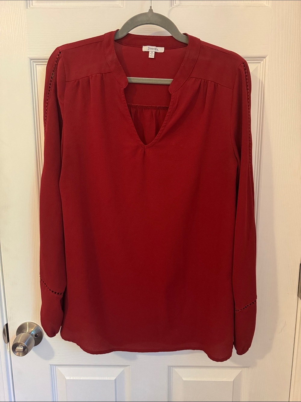 Joie Crimson Red Split-Neck Long Sleeve Blouse